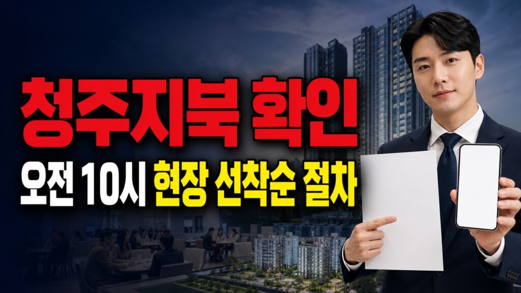 7월 23일 오전 10시 시작, 청주지북 B1 현장 선착순 동·호 지정 절차 관련 핵심 정보를 상징적으로 보여주는 썸네일 이미지
